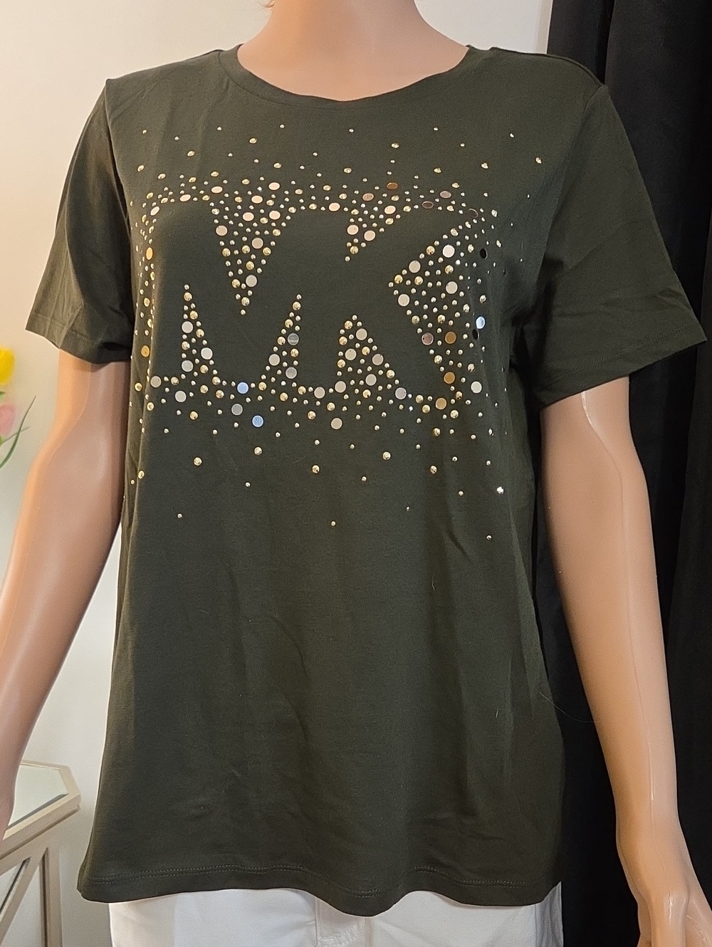 Michael Kors Dark Olive Tee with Gold Studded MK Logo